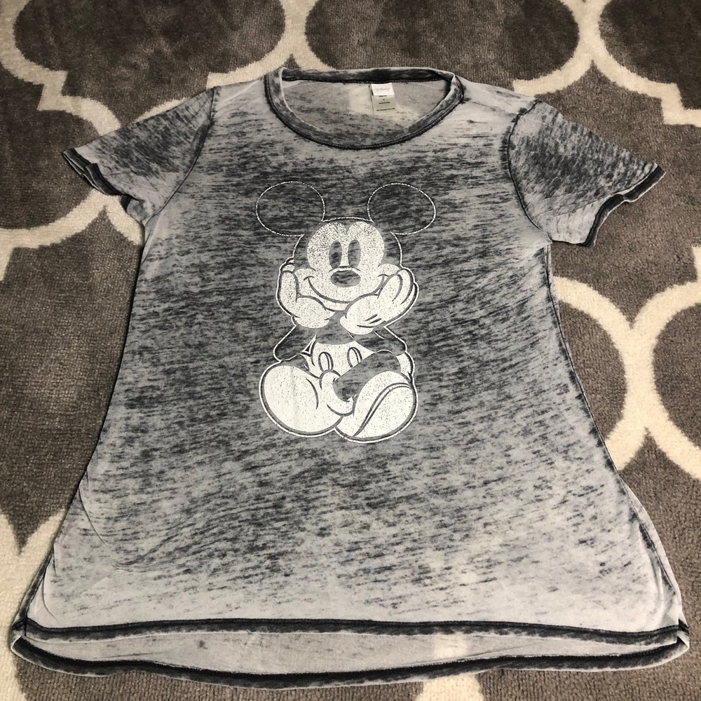 Disney Shirt Womens Medium Gray White Mickey Mouse Burnout Short Sleeve Shirt